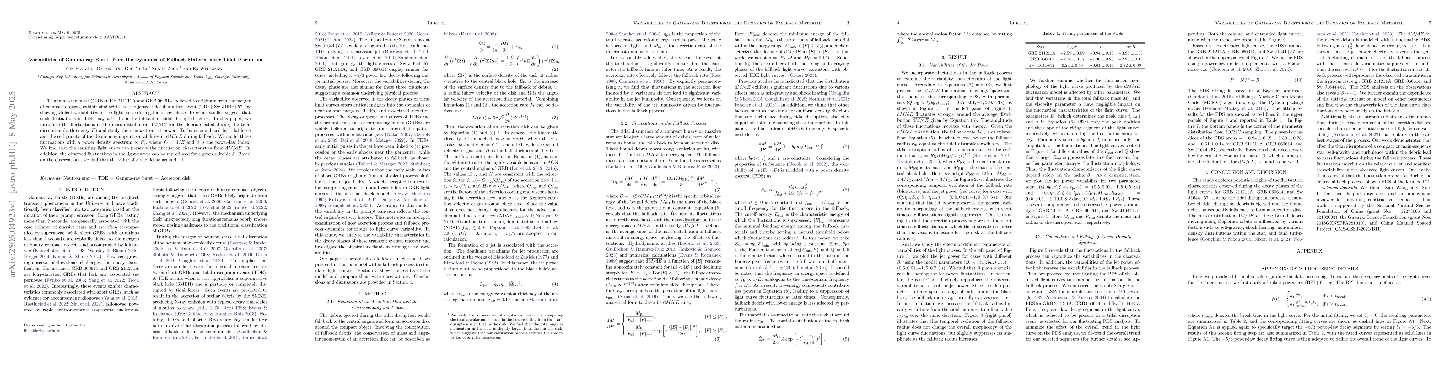 Thumbnail for Variabilities of Gamma-ray Bursts from the Dynamics of Fallback Material
  after Tidal Disruption