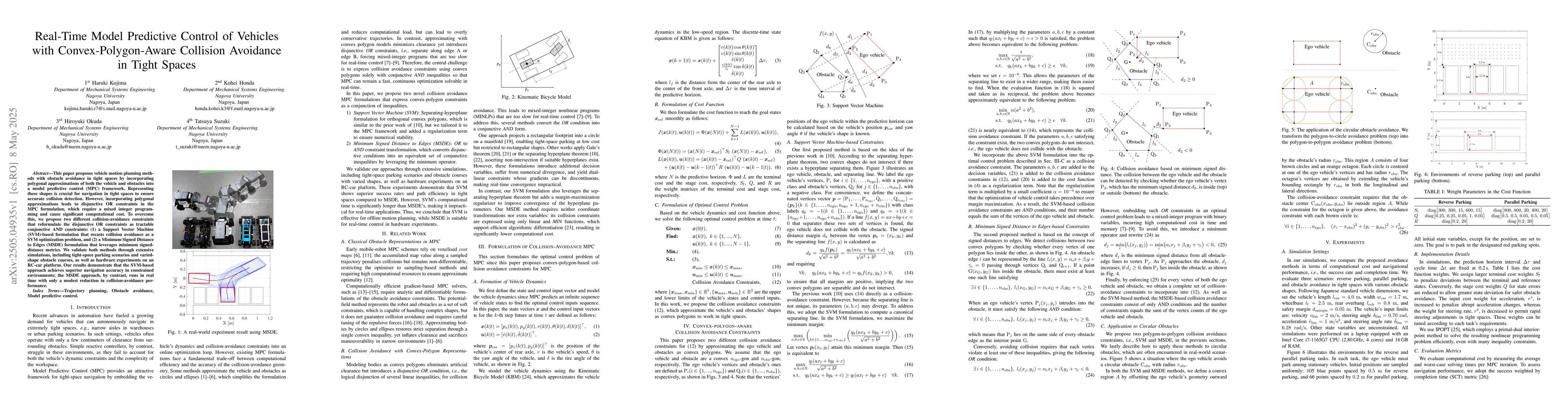 Thumbnail for Real-Time Model Predictive Control of Vehicles with Convex-Polygon-Aware
  Collision Avoidance in Tight Spaces