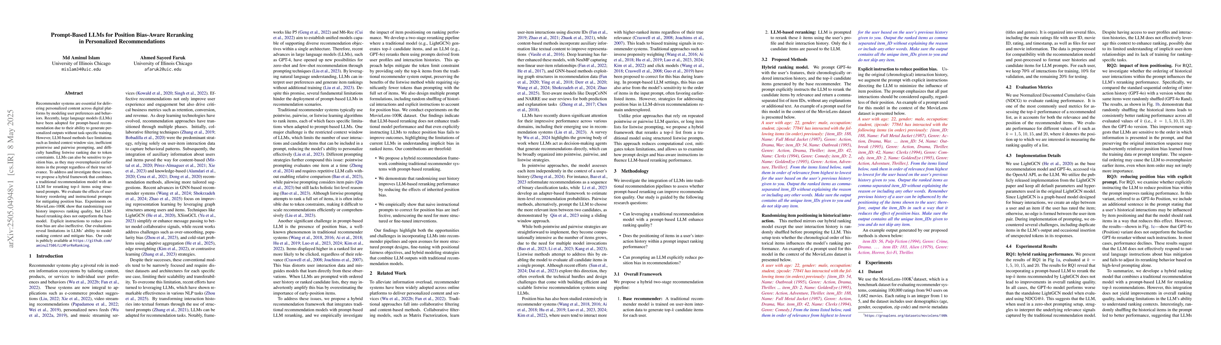 Thumbnail for Prompt-Based LLMs for Position Bias-Aware Reranking in Personalized
  Recommendations
