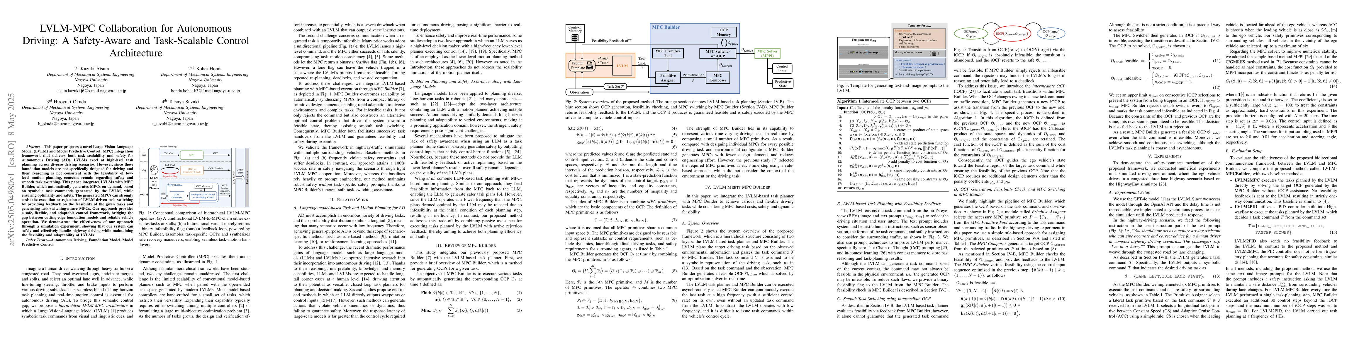 Thumbnail for LVLM-MPC Collaboration for Autonomous Driving: A Safety-Aware and
  Task-Scalable Control Architecture