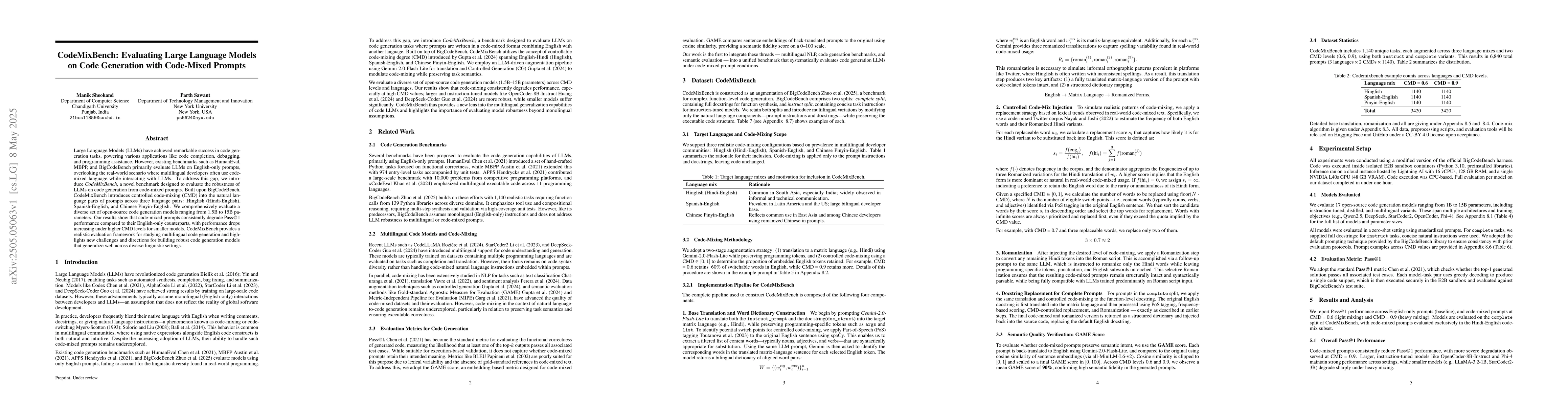 Thumbnail for CodeMixBench: Evaluating Large Language Models on Code Generation with
  Code-Mixed Prompts
