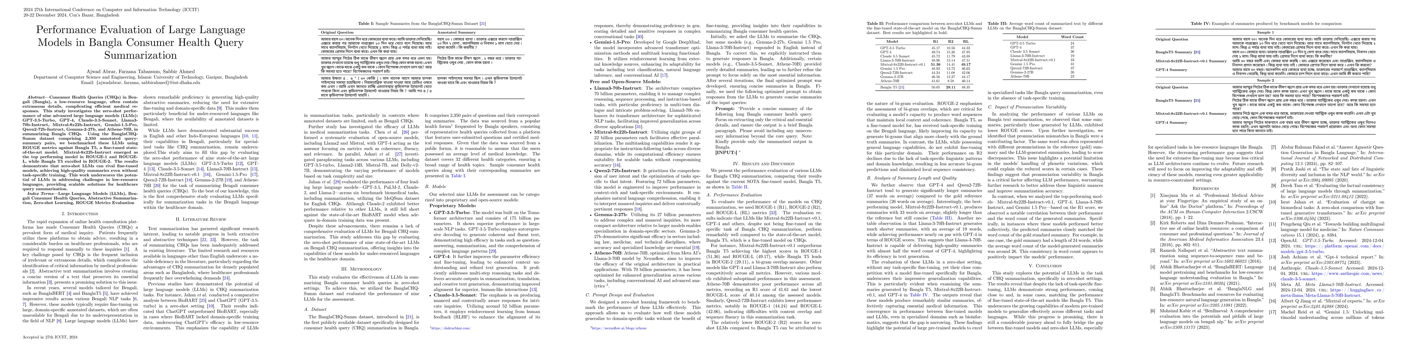 Thumbnail for Performance Evaluation of Large Language Models in Bangla Consumer
  Health Query Summarization