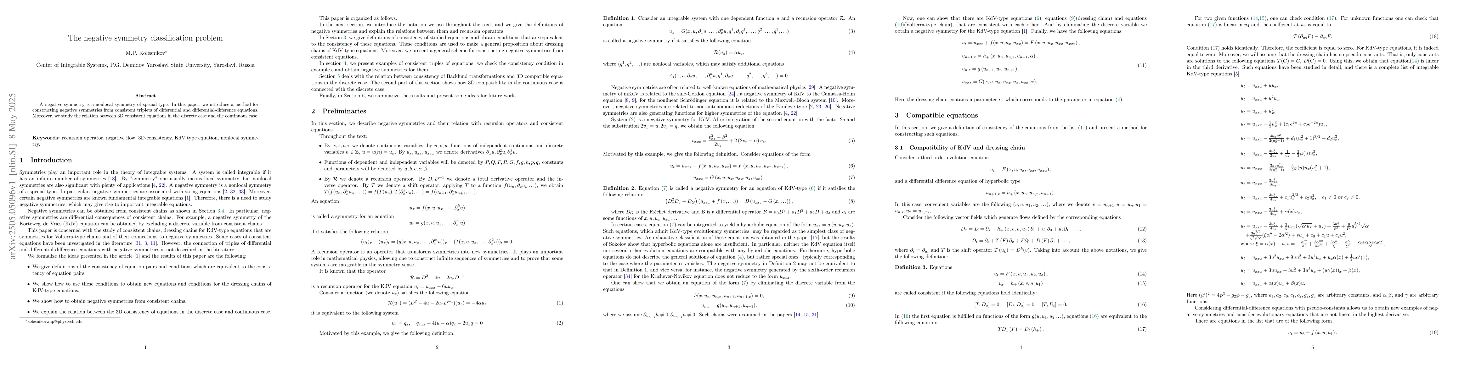 Thumbnail for The negative symmetry classification problem