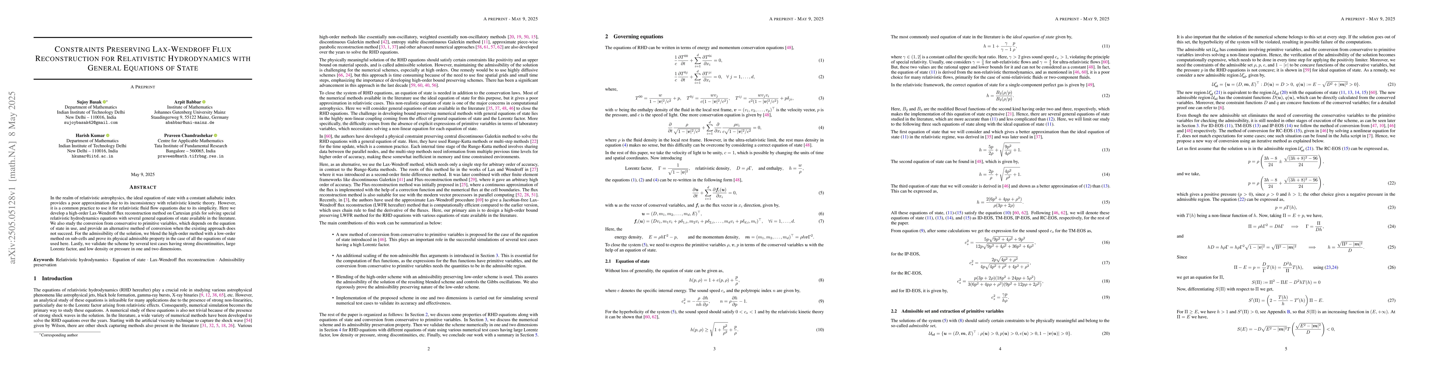 Thumbnail for Constraints Preserving Lax-Wendroff Flux Reconstruction for Relativistic
  Hydrodynamics with General Equations of State