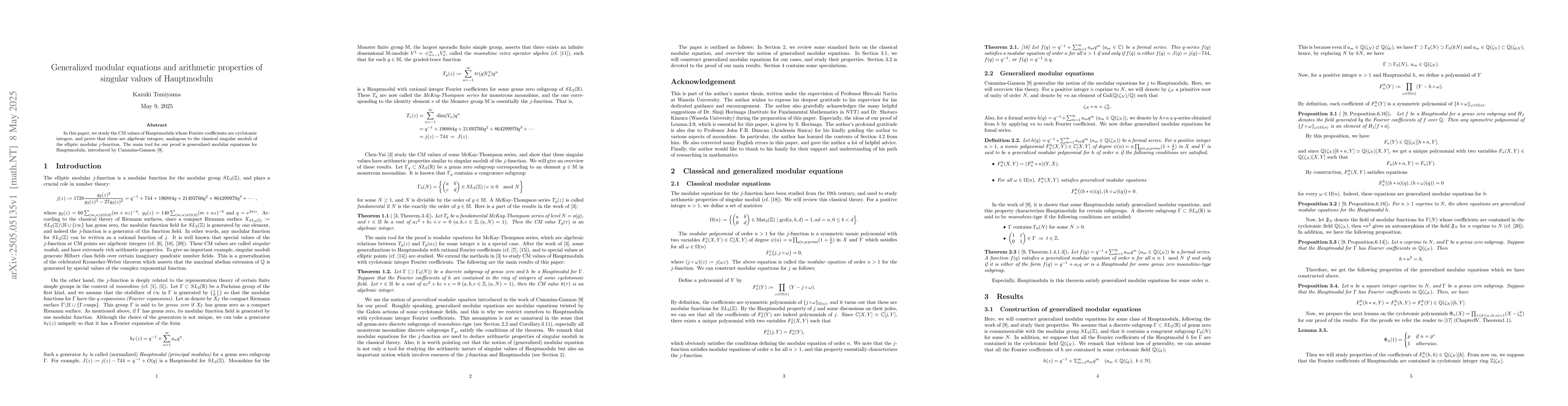 Thumbnail for Generalized modular equations and arithmetic properties of singular
  values of Hauptmoduln