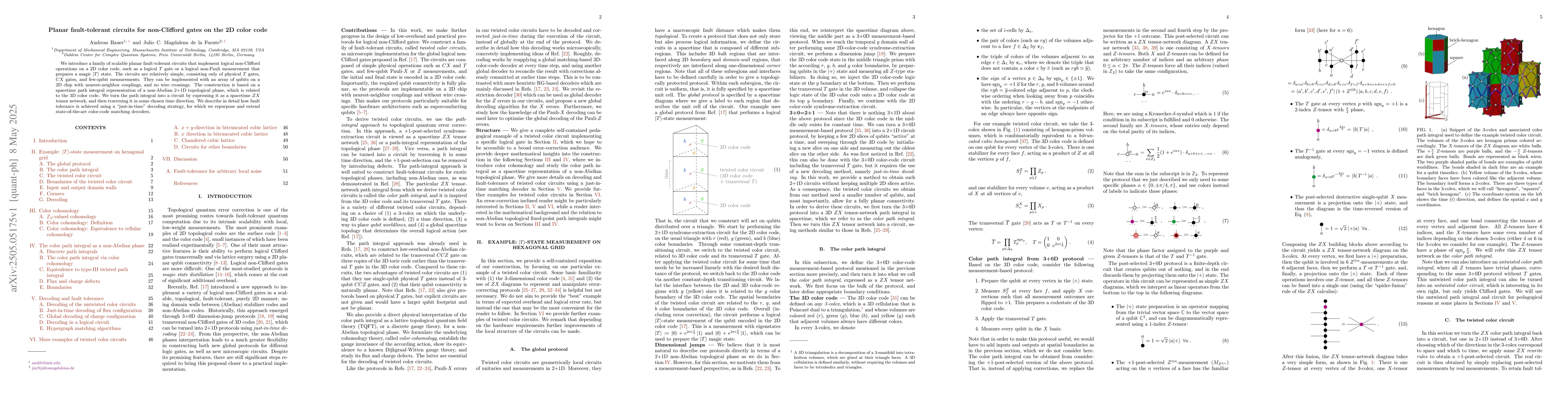 Thumbnail for Planar fault-tolerant circuits for non-Clifford gates on the 2D color
  code