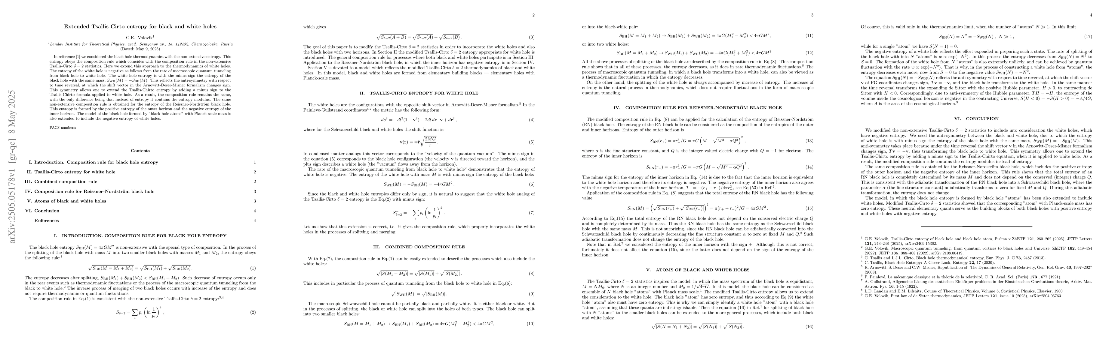 Thumbnail for Extended Tsallis-Cirto entropy for black and white holes