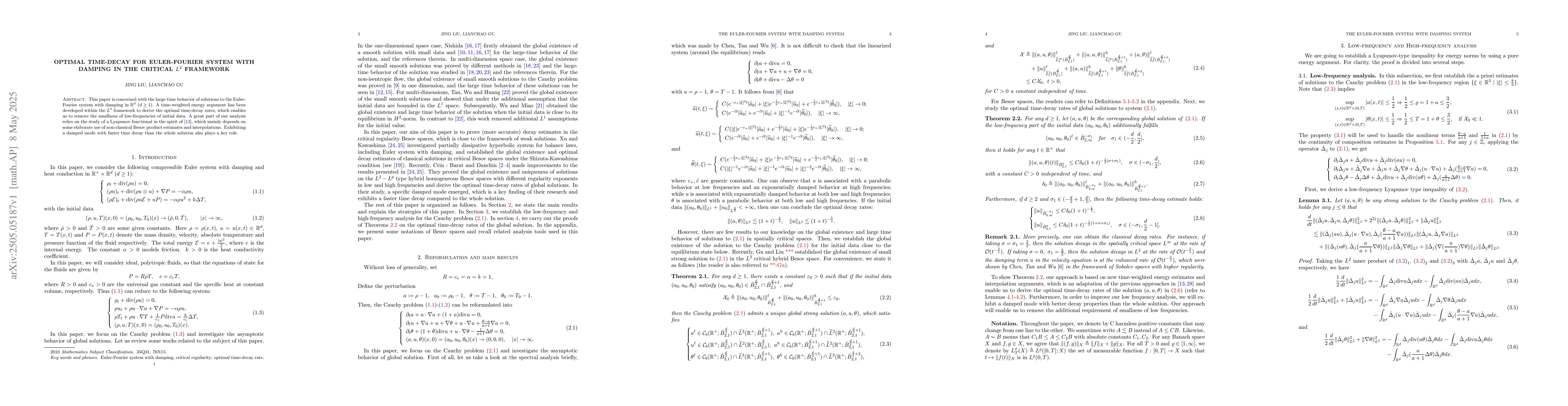 Thumbnail for Optimal time-decay for Euler-Fourier system with damping in the critical
  $L^2$ framework
