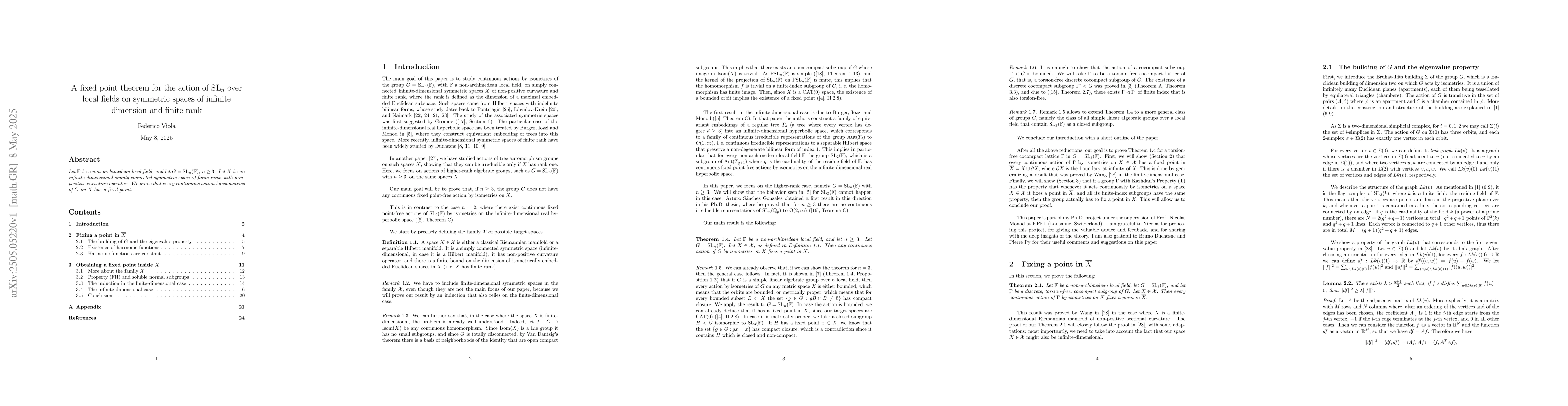 Thumbnail for A fixed point theorem for the action of $SL_n$ over local fields on
  symmetric spaces of infinite dimension and finite rank