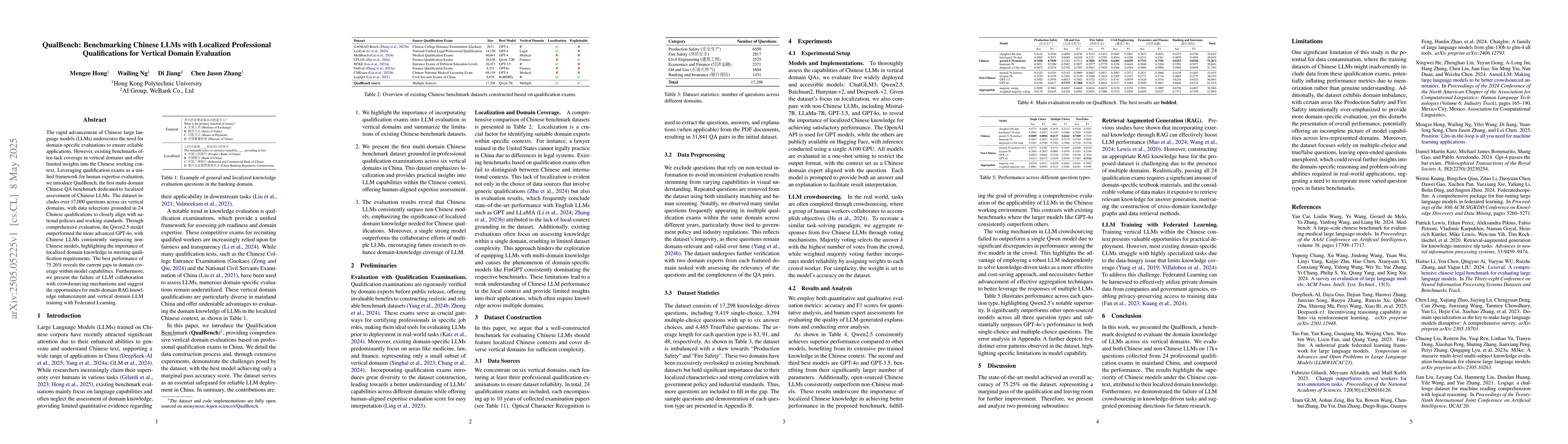 Thumbnail for QualBench: Benchmarking Chinese LLMs with Localized Professional
  Qualifications for Vertical Domain Evaluation
