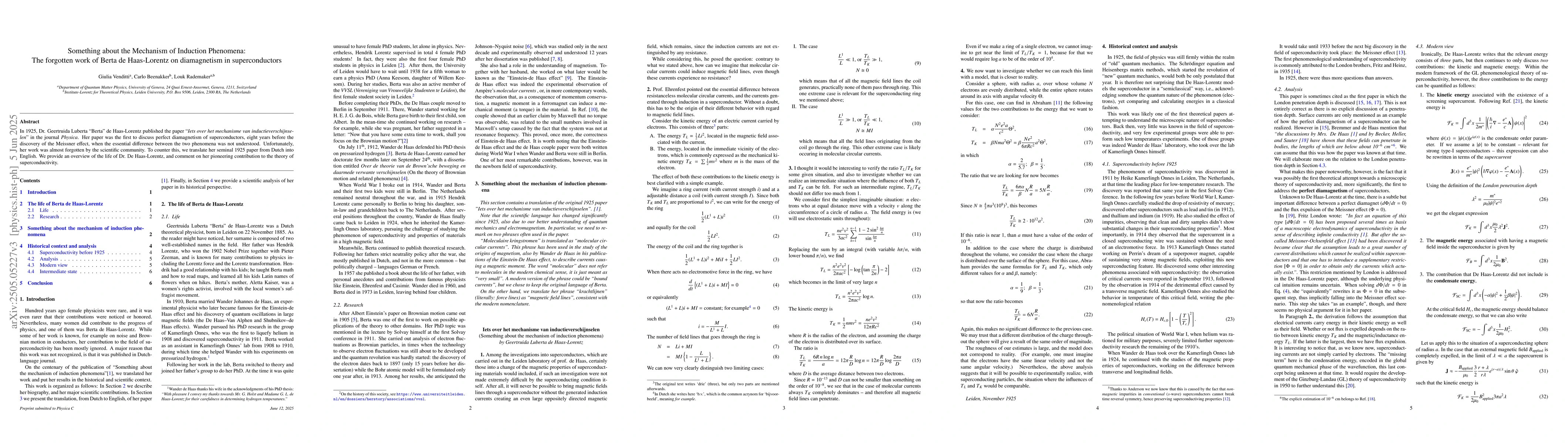 Thumbnail for Something about the Mechanism of Induction: The forgotten work of Berta
  de Haas-Lorentz on diamagnetism in superconductors