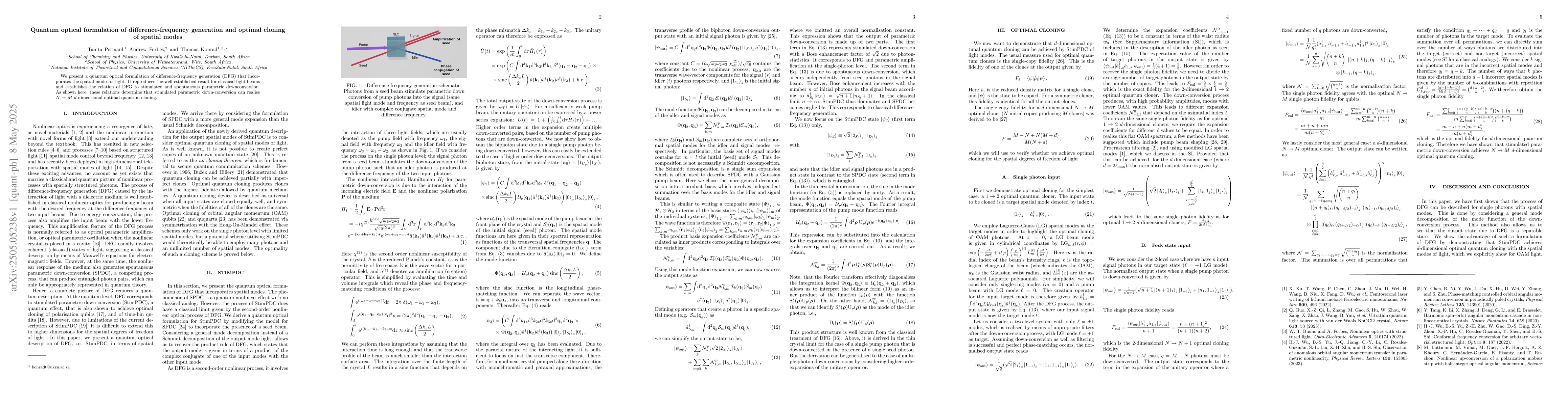Thumbnail for Quantum optical formulation of difference-frequency generation and
  optimal cloning of spatial modes