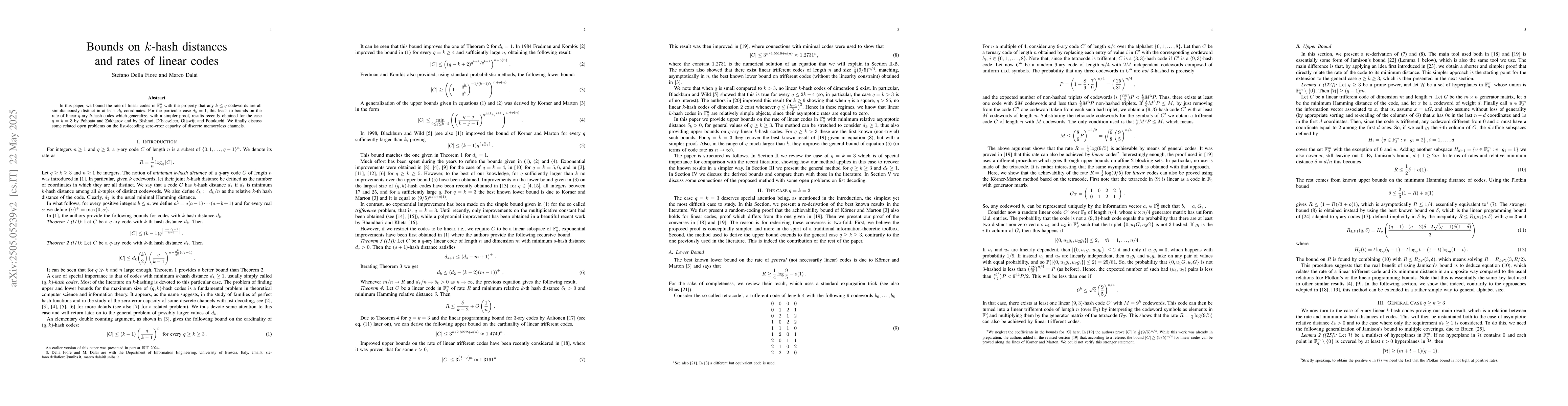 Thumbnail for Bounds on $k$-hash distances and rates of linear codes