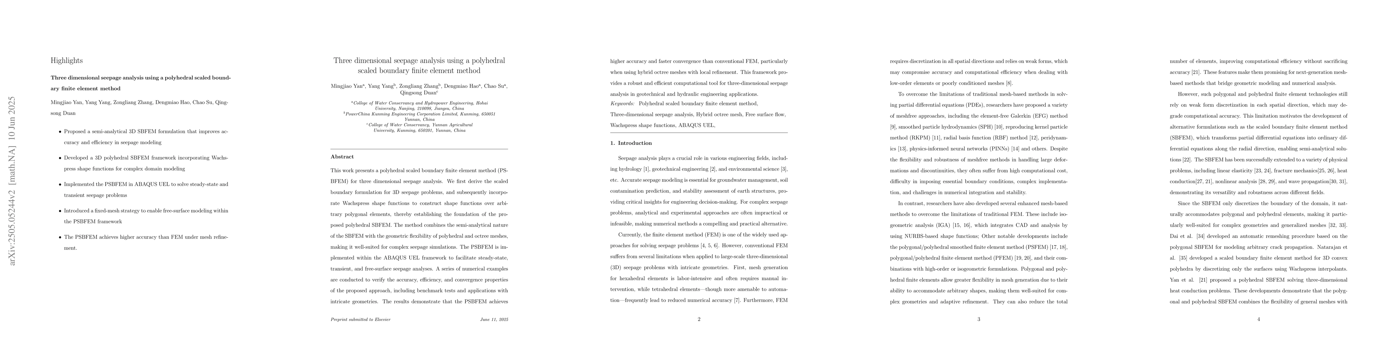 Thumbnail for Three dimensional seepage analysis using a polyhedral scaled boundary
  finite element method
