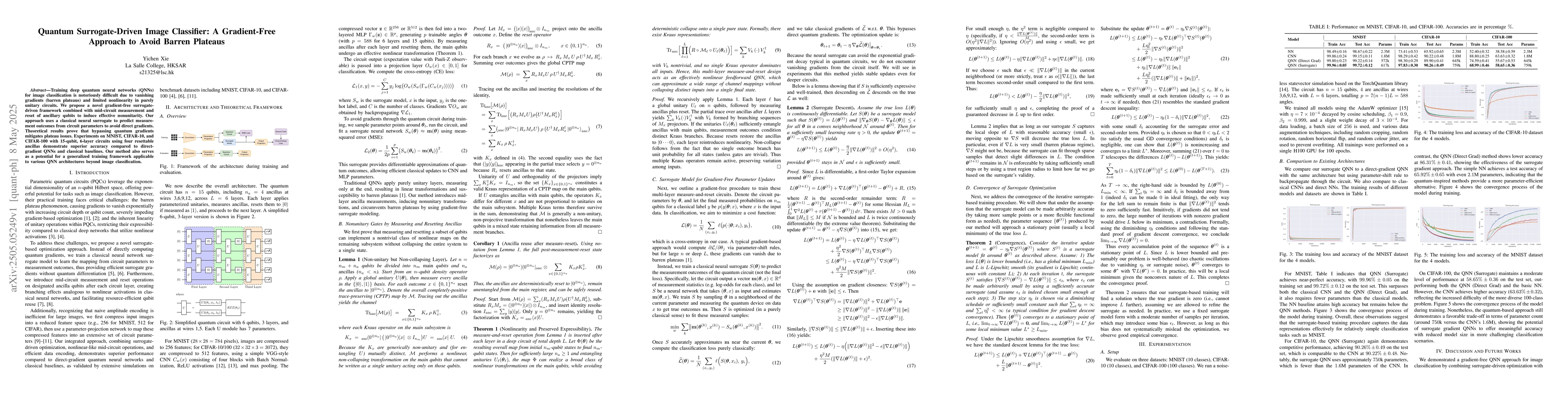 Thumbnail for Quantum Surrogate-Driven Image Classifier: A Gradient-Free Approach to
  Avoid Barren Plateaus
