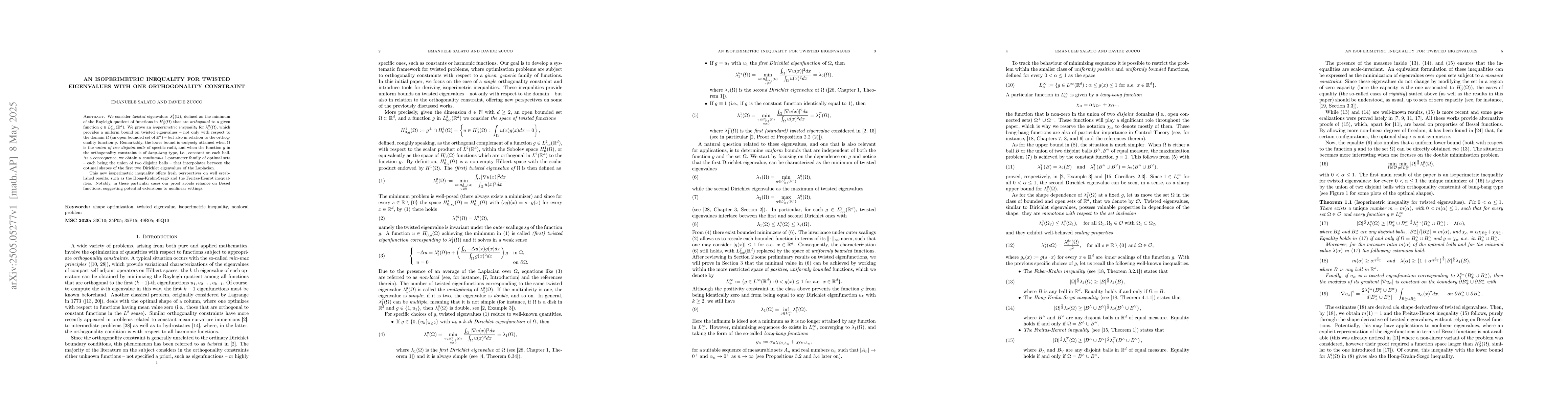 Thumbnail for An isoperimetric inequality for twisted eigenvalues with one
  orthogonality constraint