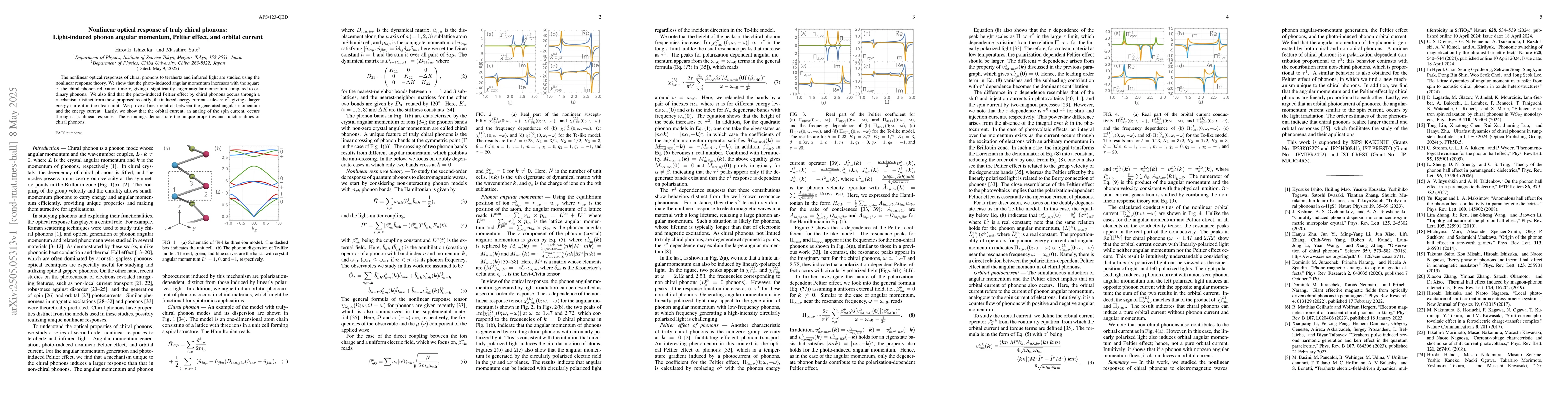 Thumbnail for Nonlinear optical response of truly chiral phonons: Light-induced phonon
  angular momentum, Peltier effect, and orbital current