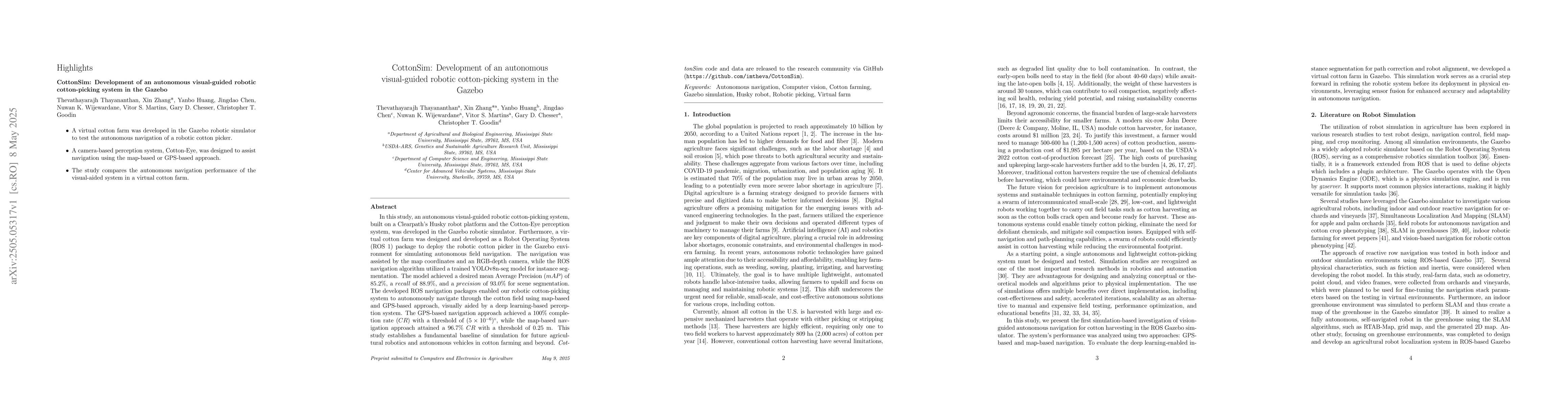 Thumbnail for CottonSim: Development of an autonomous visual-guided robotic
  cotton-picking system in the Gazebo