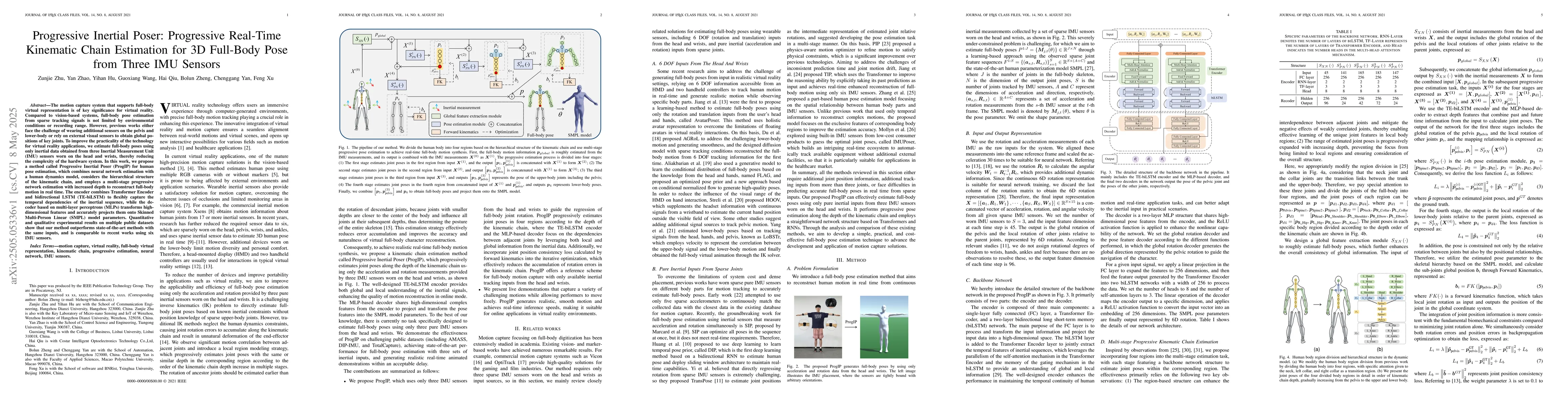 Thumbnail for Progressive Inertial Poser: Progressive Real-Time Kinematic Chain
  Estimation for 3D Full-Body Pose from Three IMU Sensors
