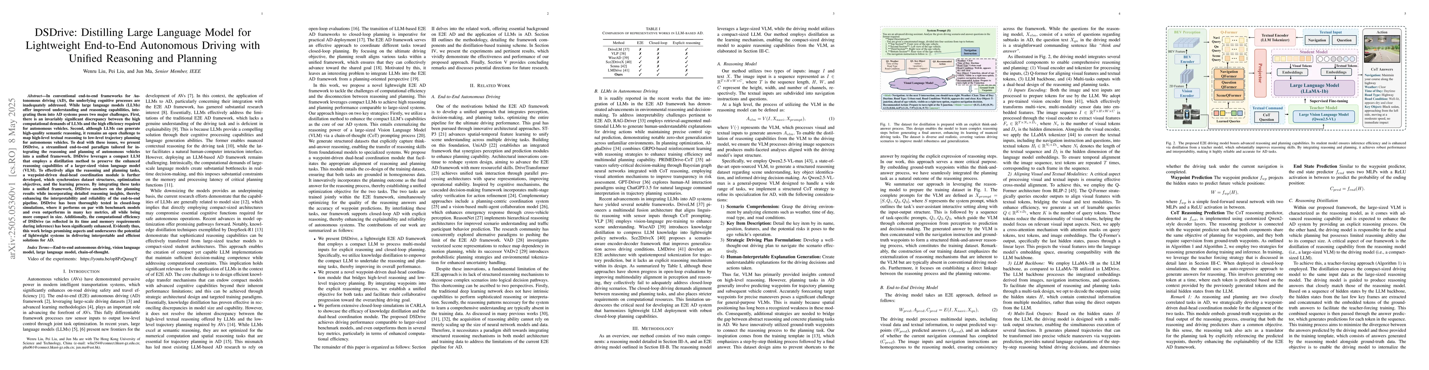 Thumbnail for DSDrive: Distilling Large Language Model for Lightweight End-to-End
  Autonomous Driving with Unified Reasoning and Planning