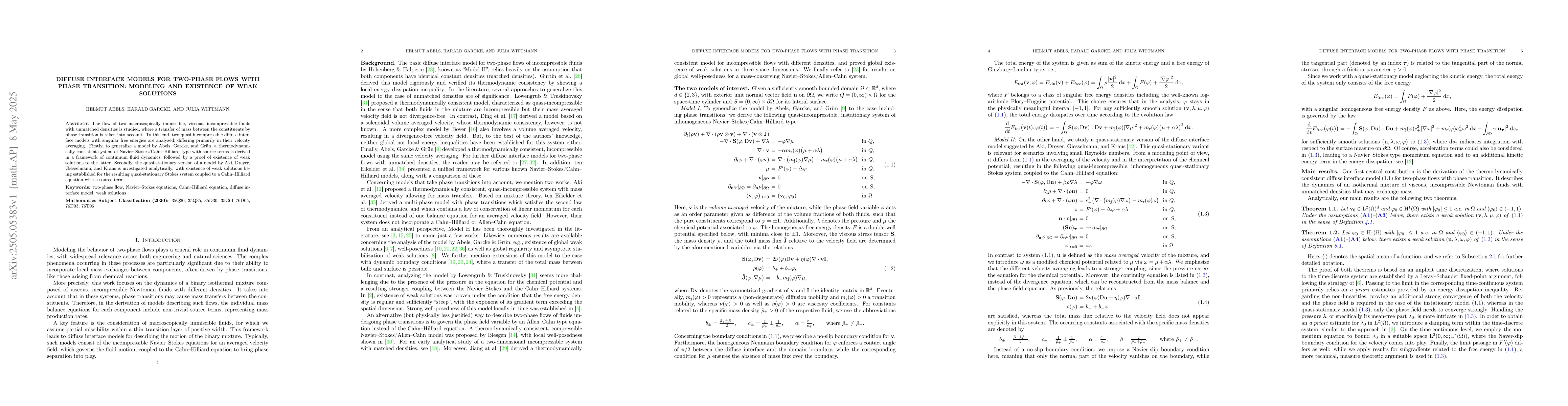 Thumbnail for Diffuse Interface Models for Two-Phase Flows with Phase Transition:
  Modeling and Existence of Weak Solutions