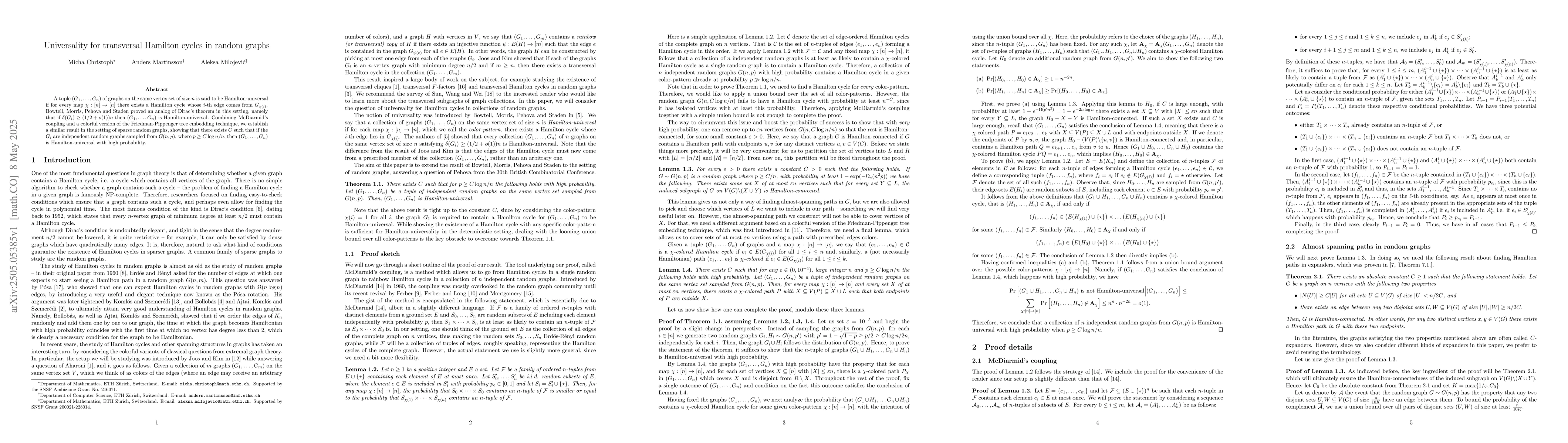 Thumbnail for Universality for transversal Hamilton cycles in random graphs