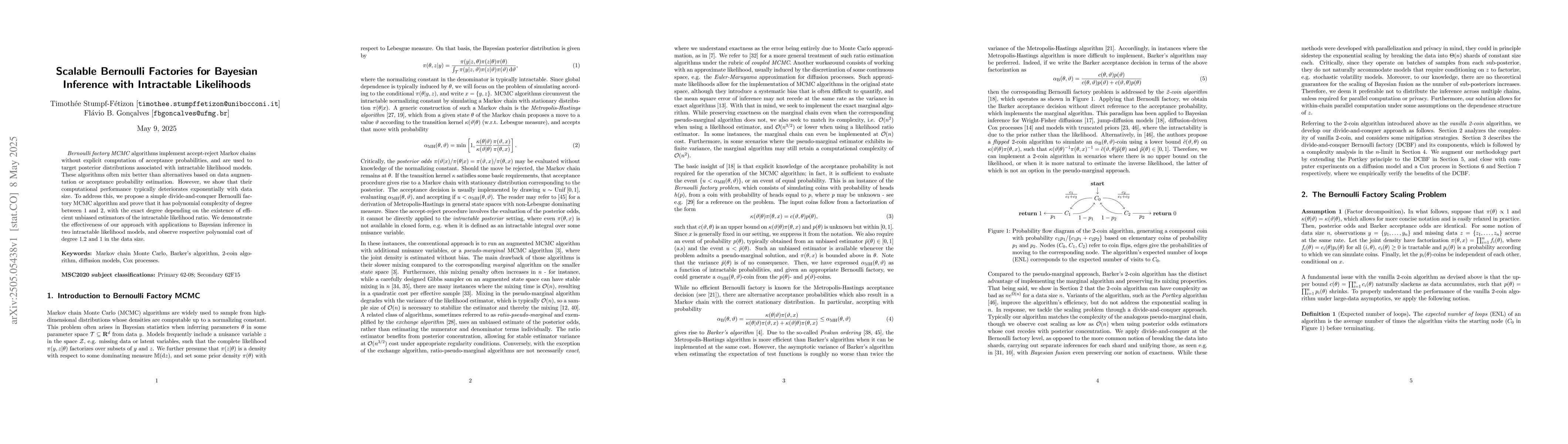 Thumbnail for Scalable Bernoulli factories for Bayesian inference with intractable
  likelihoods