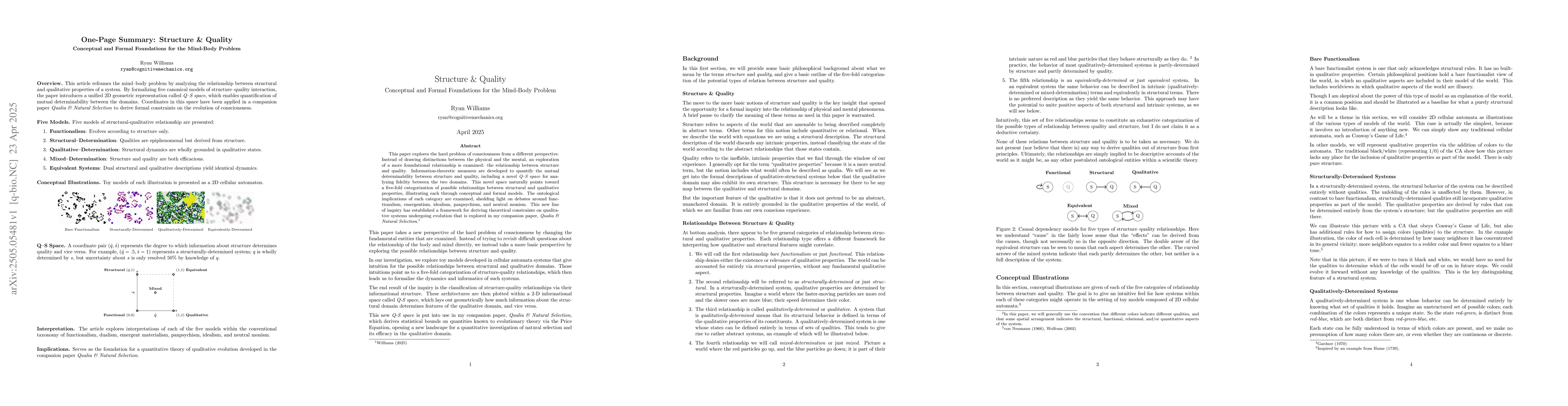 Thumbnail for Structure & Quality: Conceptual and Formal Foundations for the Mind-Body
  Problem