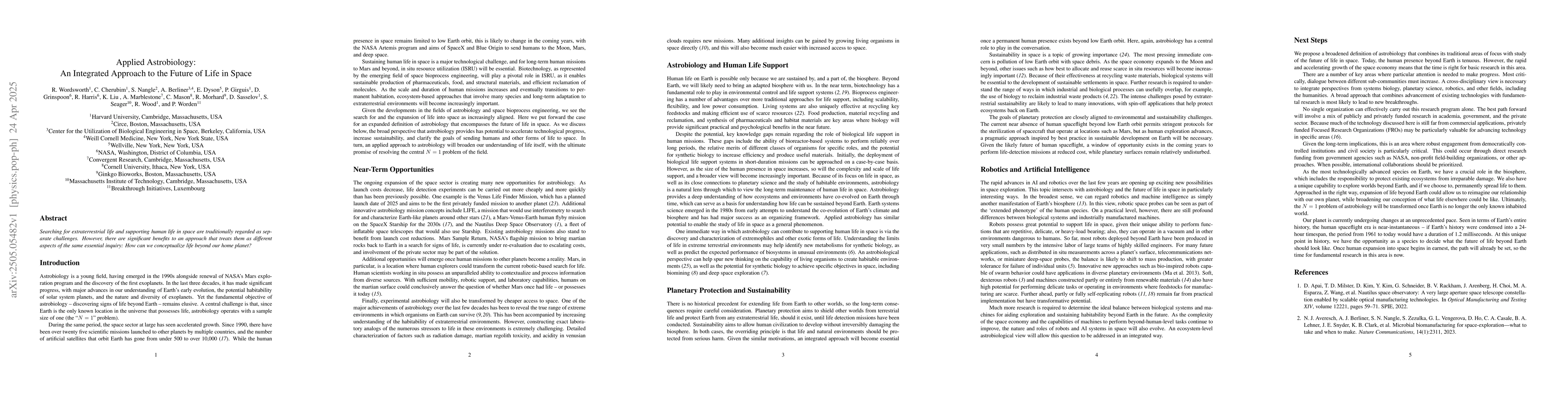 Thumbnail for Applied Astrobiology: An Integrated Approach to the Future of Life in
  Space