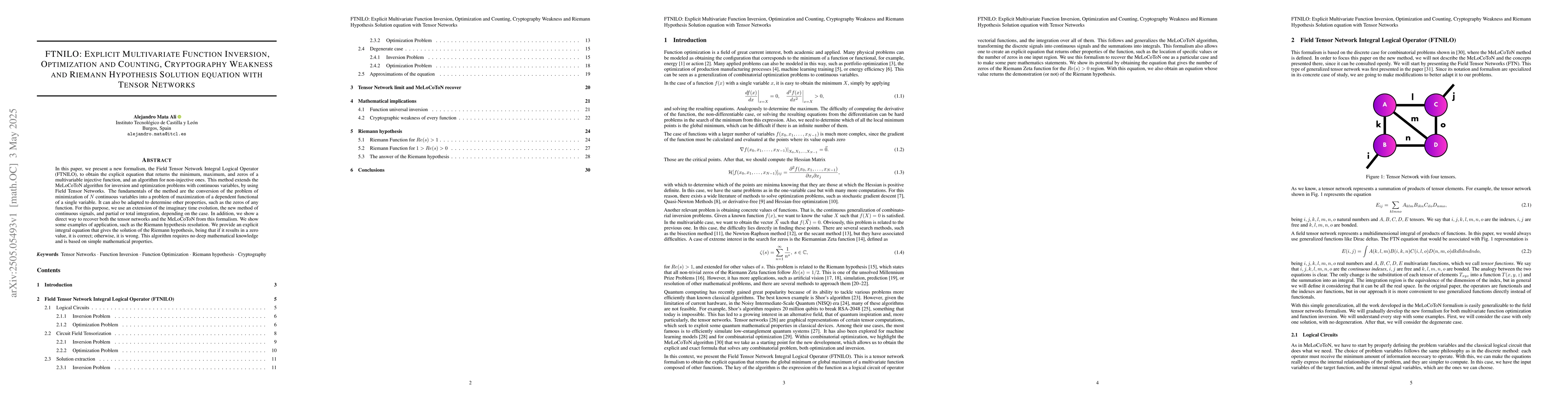 Thumbnail for FTNILO: Explicit Multivariate Function Inversion, Optimization and
  Counting, Cryptography Weakness and Riemann Hypothesis Solution Equation with
  Tensor Networks