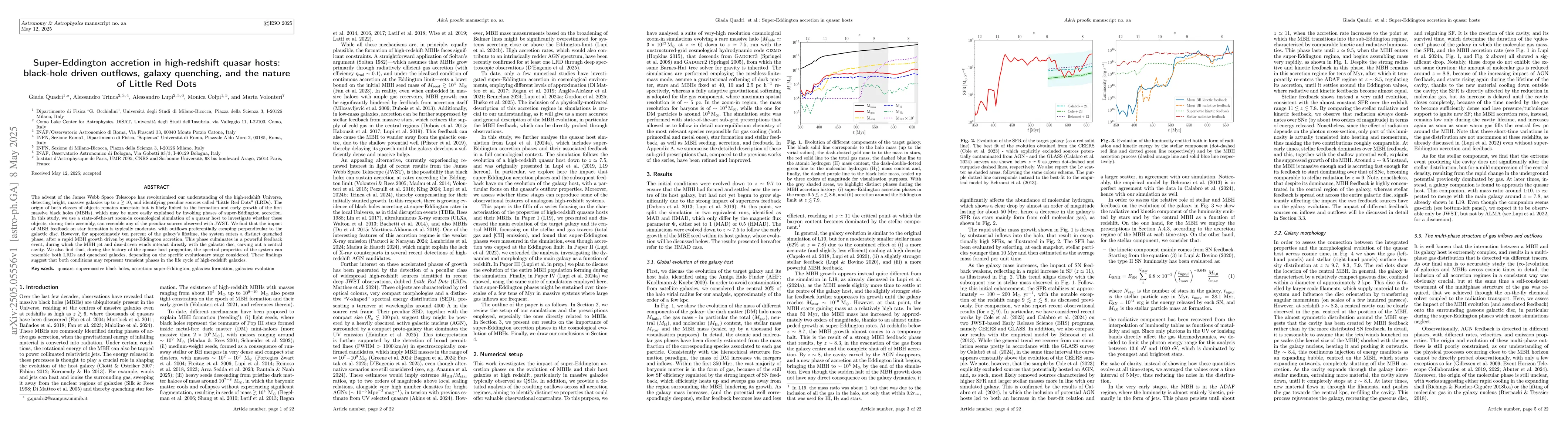 Thumbnail for Super-Eddington accretion in high-redshift quasar hosts: black-hole
  driven outflows, galaxy quenching, and the nature of Little Red Dots