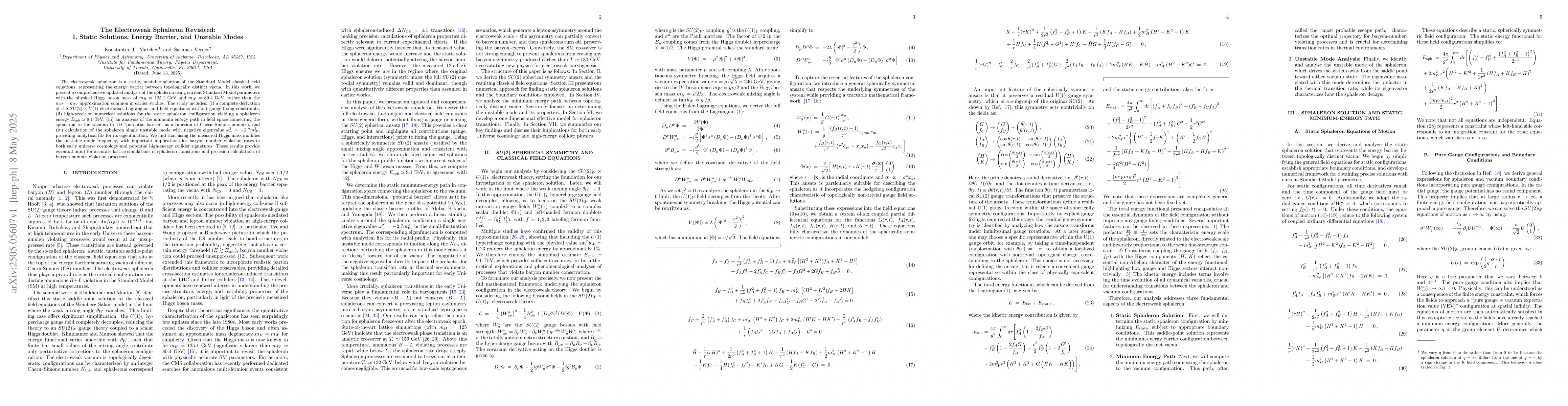 Thumbnail for The Electroweak Sphaleron Revisited: I. Static Solutions, Energy
  Barrier, and Unstable Modes