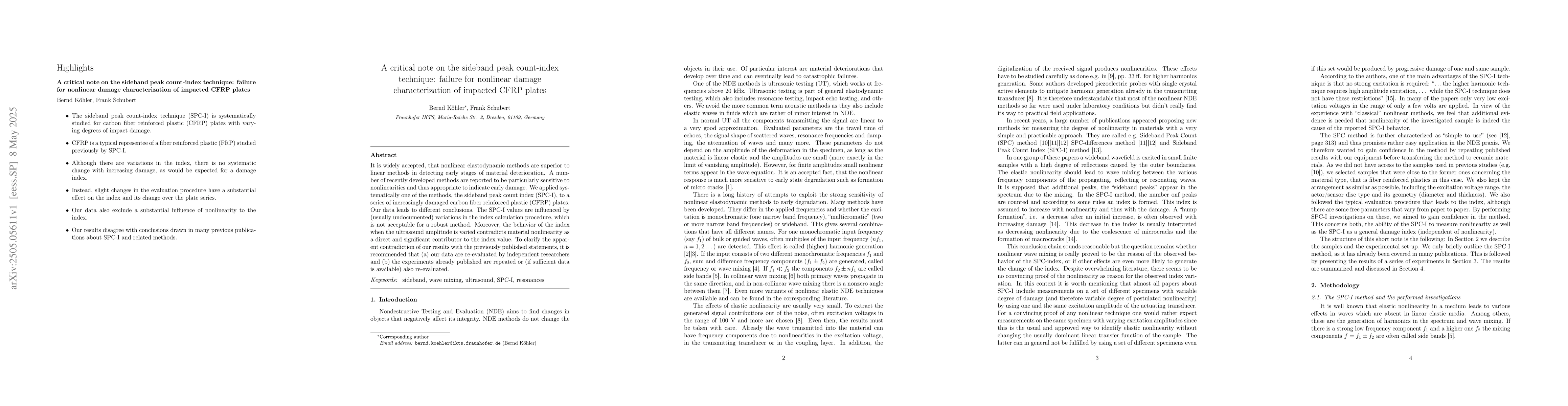 Thumbnail for A critical note on the sideband peak count-index technique: failure for
  nonlinear damage characterization of impacted CFRP plates