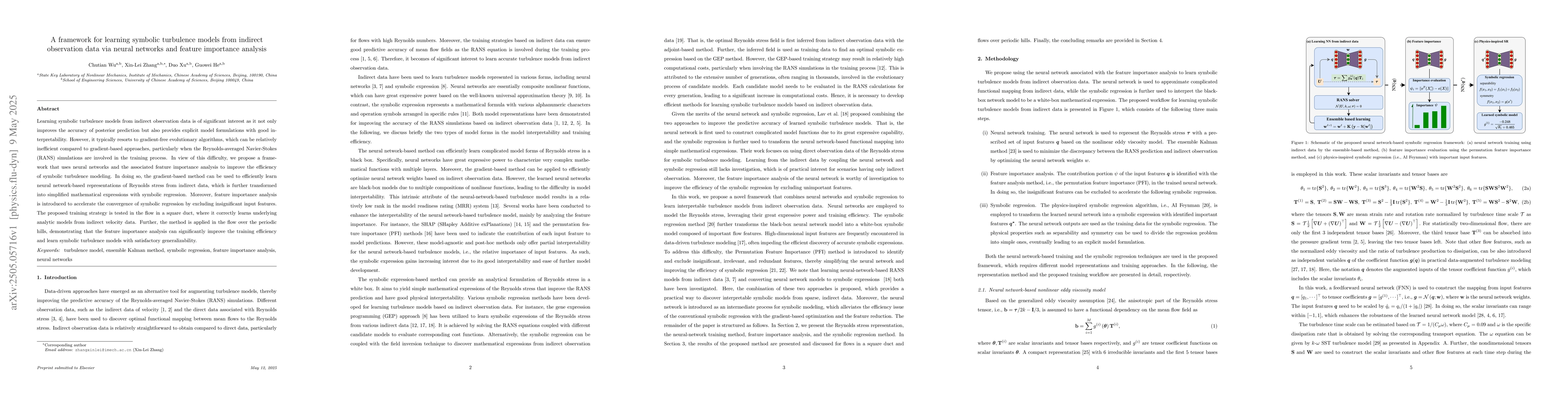 Thumbnail for A framework for learning symbolic turbulence models from indirect
  observation data via neural networks and feature importance analysis