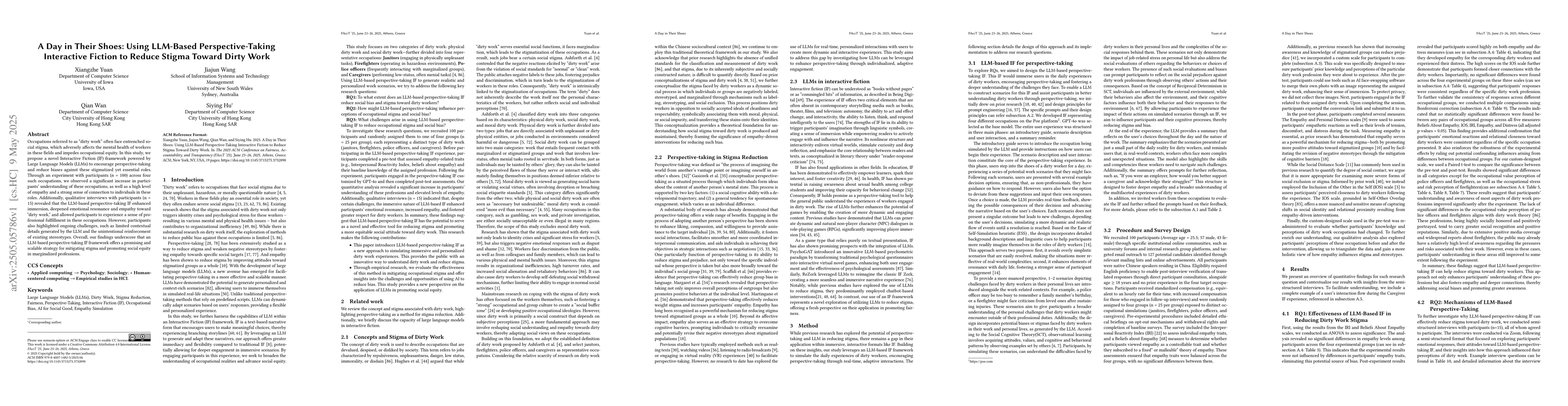 Thumbnail for A Day in Their Shoes: Using LLM-Based Perspective-Taking Interactive
  Fiction to Reduce Stigma Toward Dirty Work