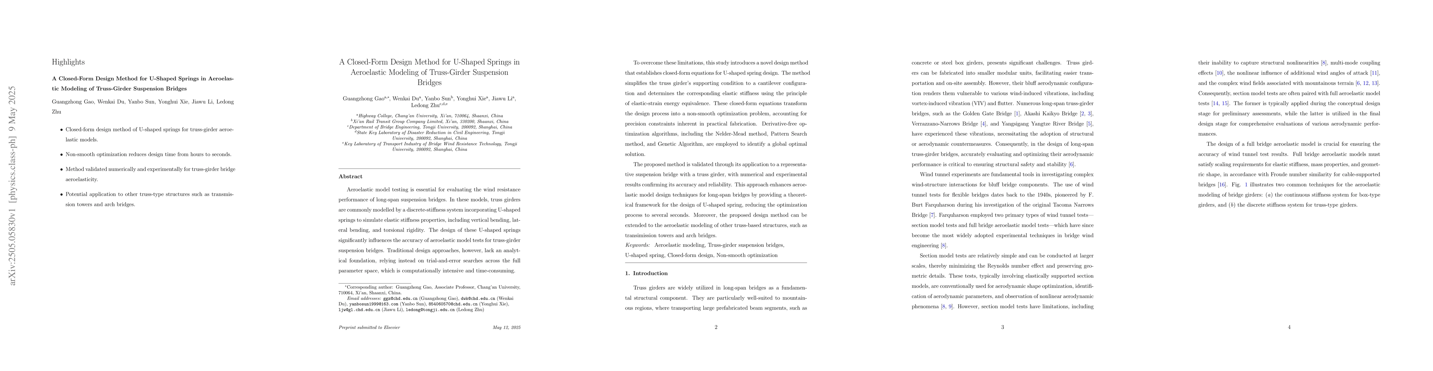 Thumbnail for A Closed-Form Design Method for U-Shaped Springs in Aeroelastic Modeling
  of Truss-Girder Suspension Bridges