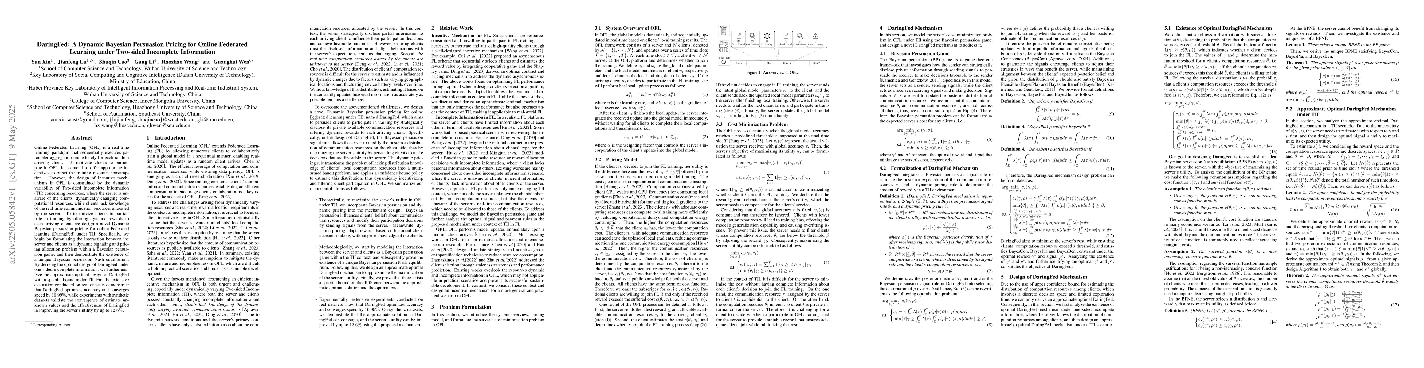 Thumbnail for DaringFed: A Dynamic Bayesian Persuasion Pricing for Online Federated
  Learning under Two-sided Incomplete Information