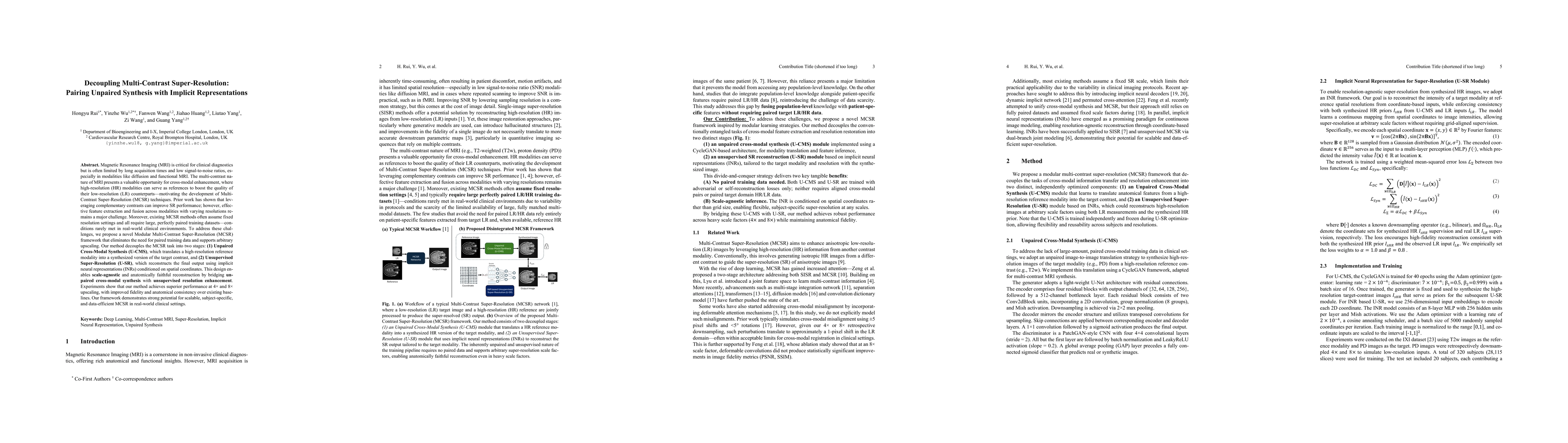 Thumbnail for Decoupling Multi-Contrast Super-Resolution: Pairing Unpaired Synthesis
  with Implicit Representations