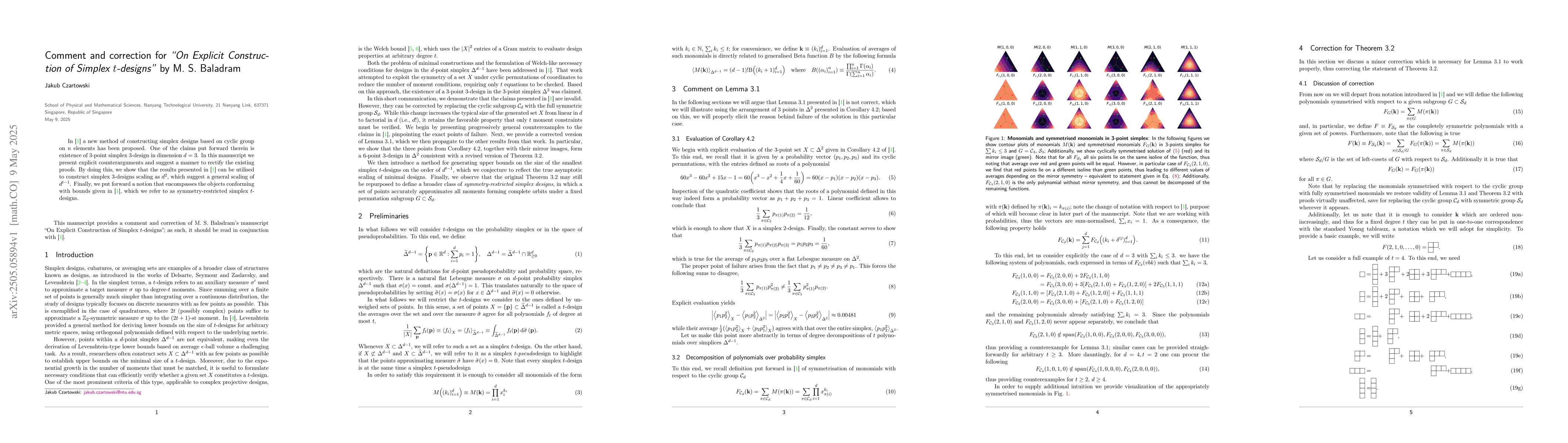 Thumbnail for Comment and correction for "On Explicit Construction of Simplex
  $t$-designs" by M. S. Baladram