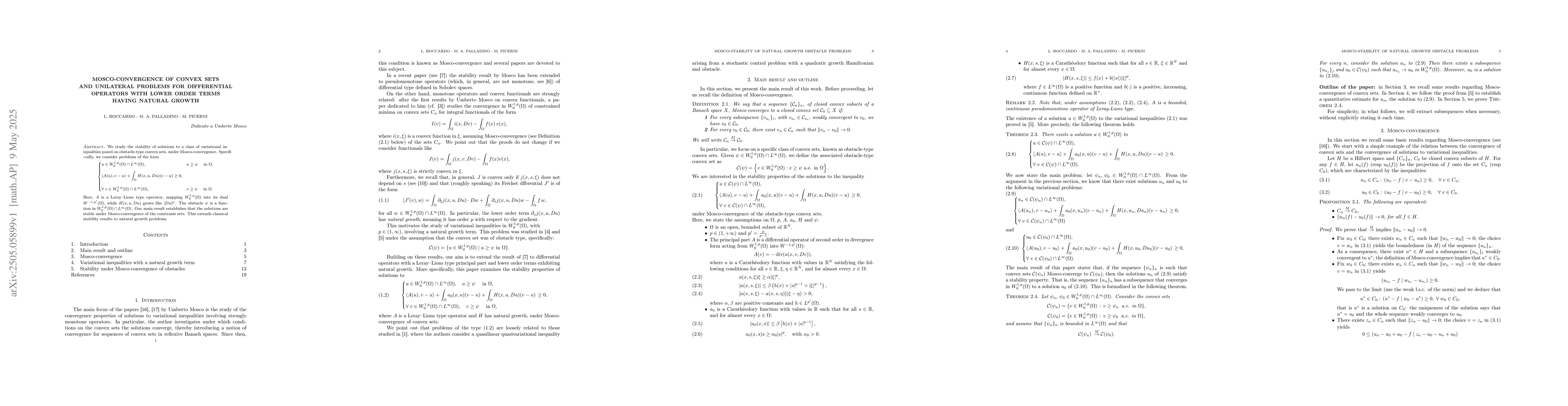 Thumbnail for Mosco-convergence of convex sets and unilateral problems for
  differential operators with lower order terms having natural growth