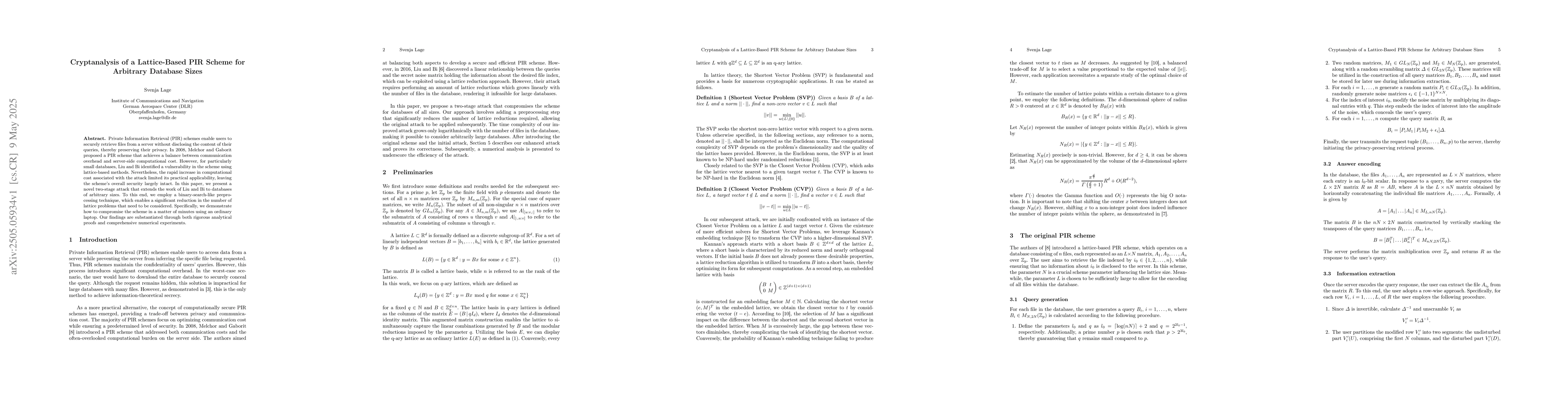 Thumbnail for Cryptanalysis of a Lattice-Based PIR Scheme for Arbitrary Database Sizes