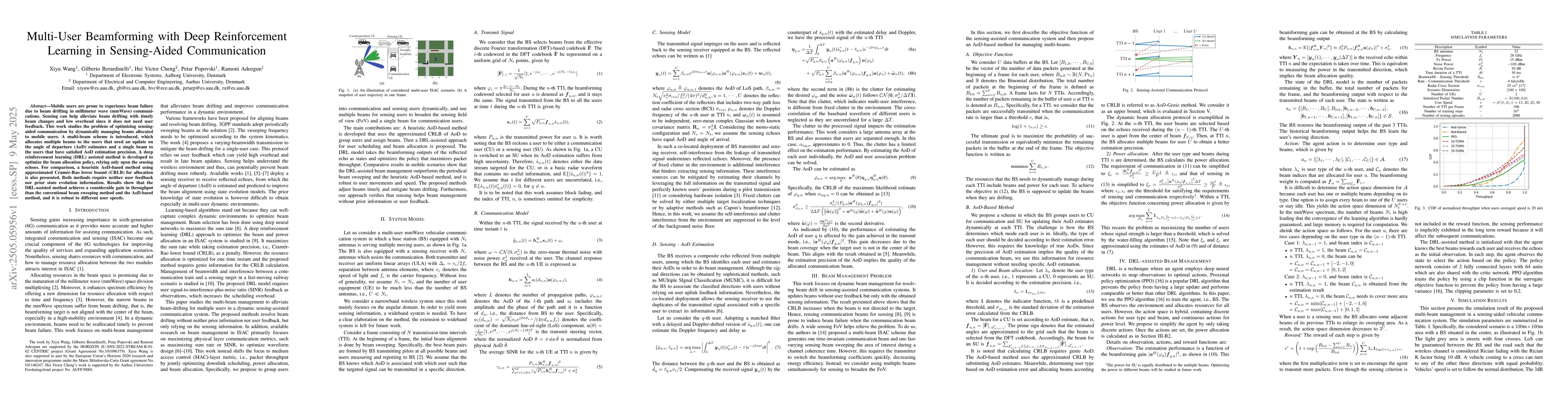 Thumbnail for Multi-User Beamforming with Deep Reinforcement Learning in Sensing-Aided
  Communication