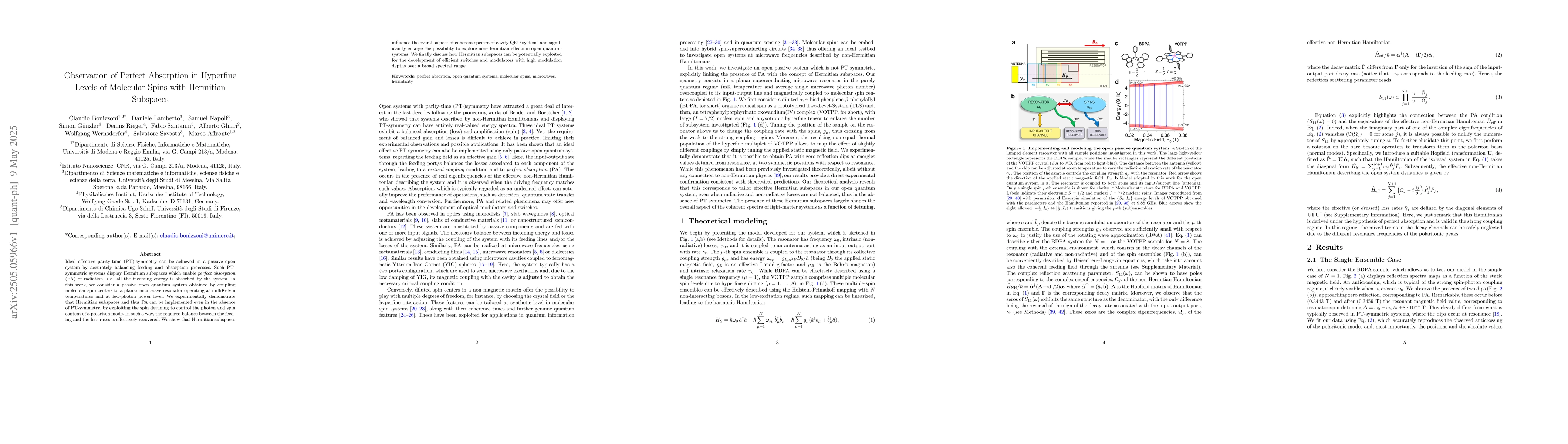 Thumbnail for Observation of Perfect Absorption in Hyperfine Levels of Molecular Spins
  with Hermitian Subspaces