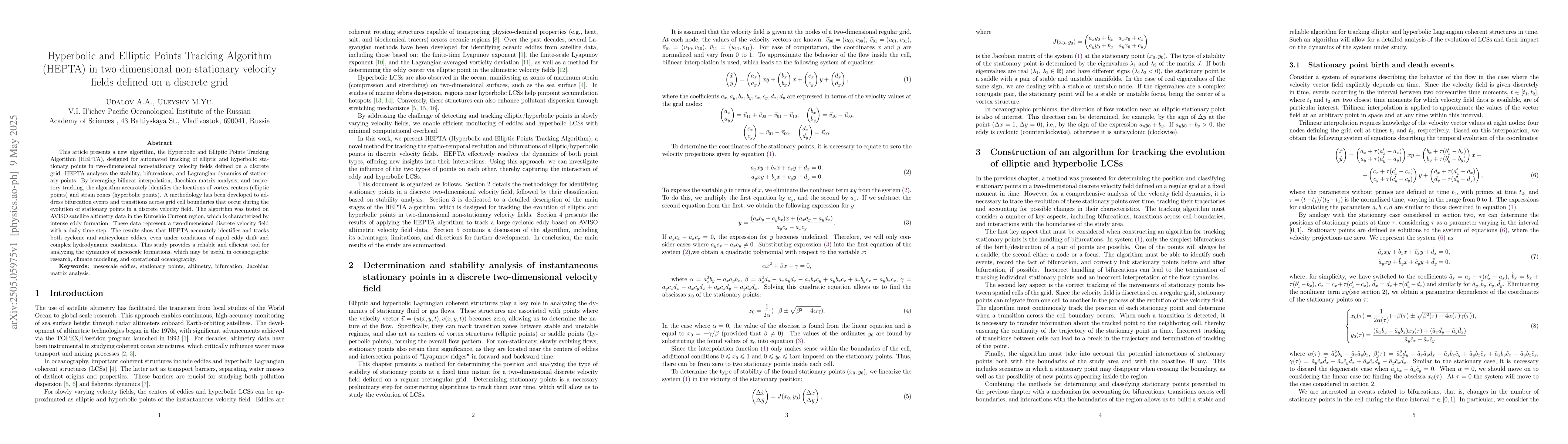 Thumbnail for Hyperbolic and Elliptic Points Tracking Algorithm (HEPTA) in
  two-dimensional non-stationary velocity fields defined on a discrete grid