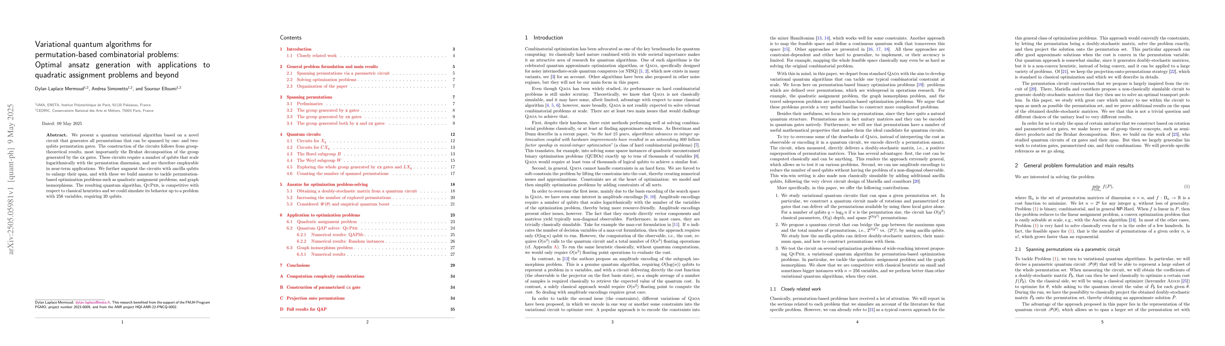 Thumbnail for Variational quantum algorithms for permutation-based combinatorial
  problems: Optimal ansatz generation with applications to quadratic assignment
  problems and beyond