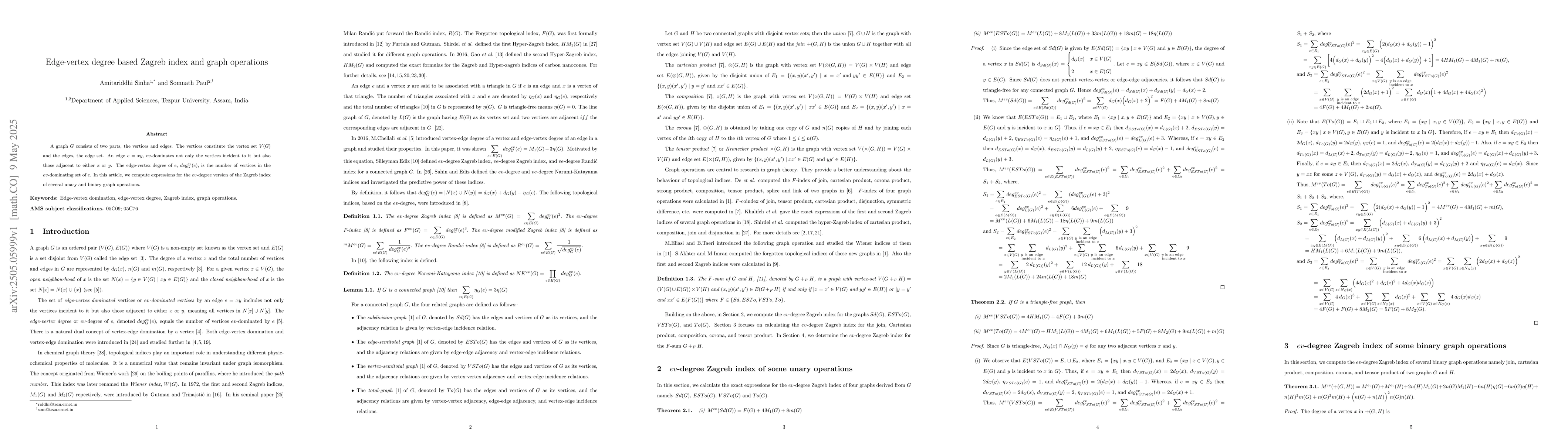 Thumbnail for Edge-vertex degree based Zagreb index and graph operations