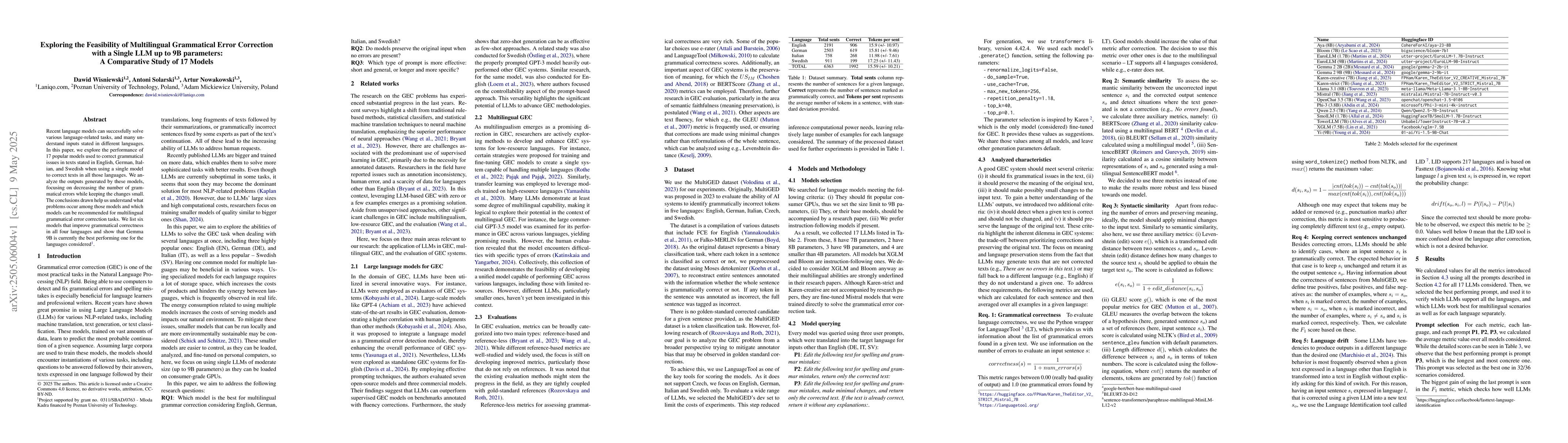 Thumbnail for Exploring the Feasibility of Multilingual Grammatical Error Correction
  with a Single LLM up to 9B parameters: A Comparative Study of 17 Models