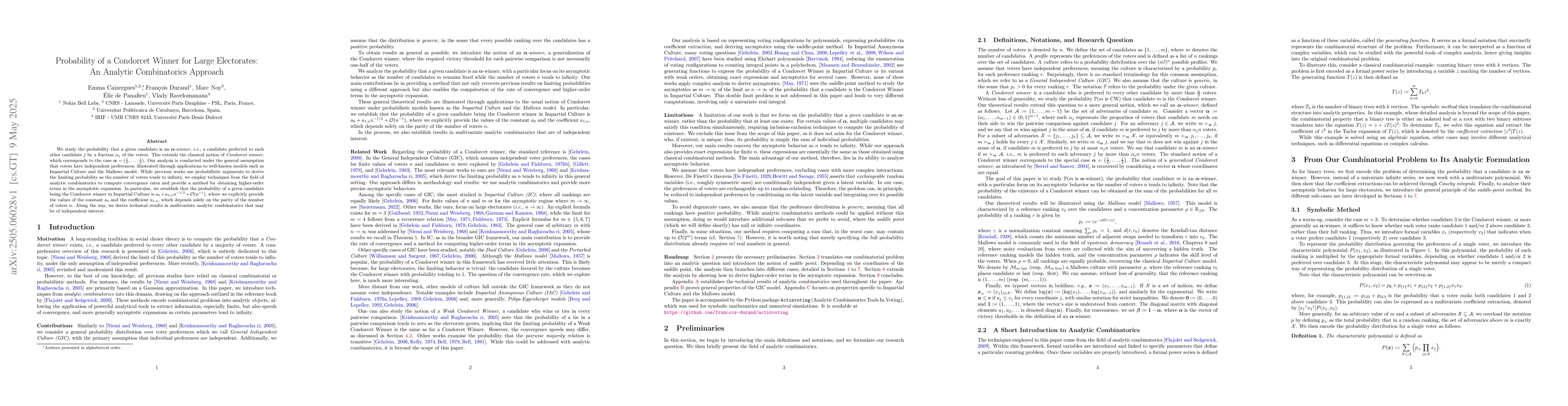 Thumbnail for Probability of a Condorcet Winner for Large Electorates: An Analytic
  Combinatorics Approach