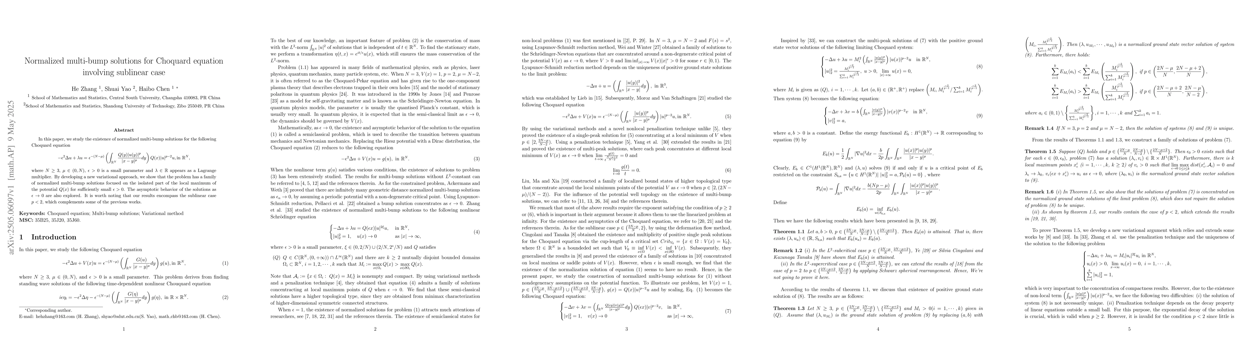 Thumbnail for Normalized multi-bump solutions for Choquard equation involving
  sublinear case