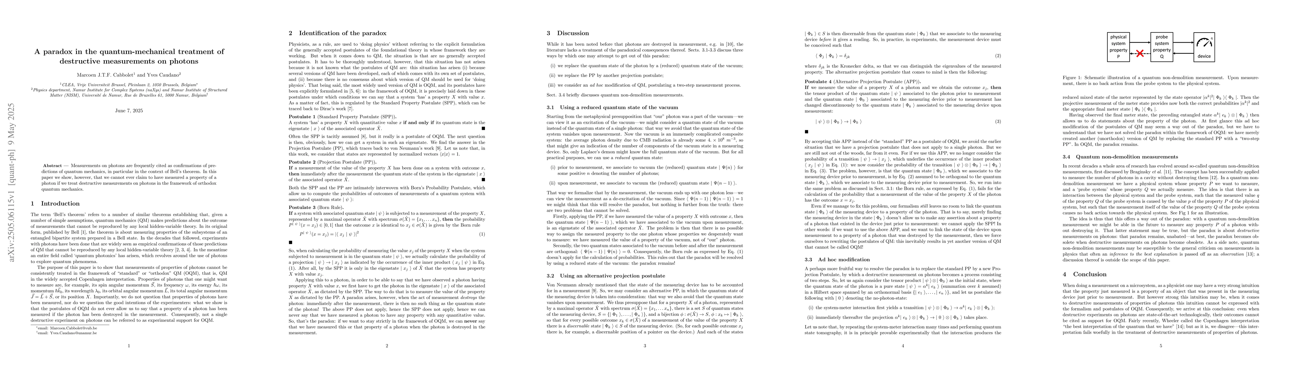 Thumbnail for A paradox in the quantum-mechanical treatment of destructive
  measurements on photons